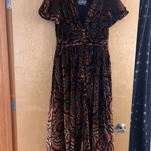 Anthropologie Katarina Velvet Maxi Dress in Burnt Orange & Black SZ 6P